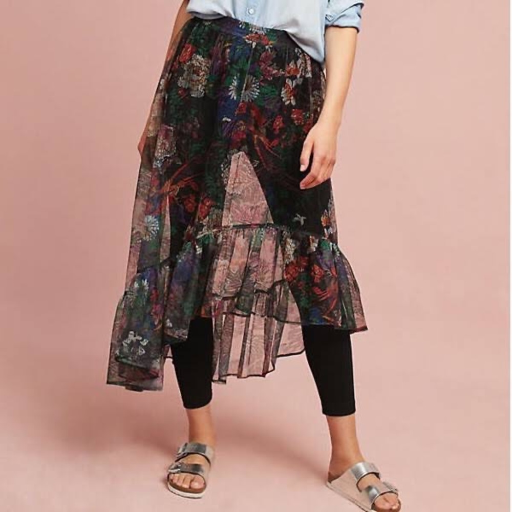 Anthropologie Floral Asymmetrical Skirt - Black and Red